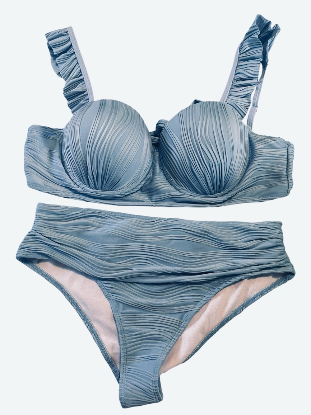 Women's Textured Ruffle Strap Bikini Set in Light Blue Size XL